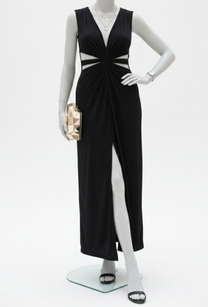 Siyah Kalın Askılı Dekolteli Maxi Elbise - Görsel 2