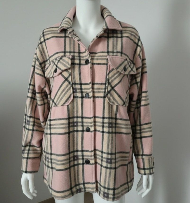 Pembe Ekose Düğmeli Uzun Kollu Kadın Gömlek - Görsel 2