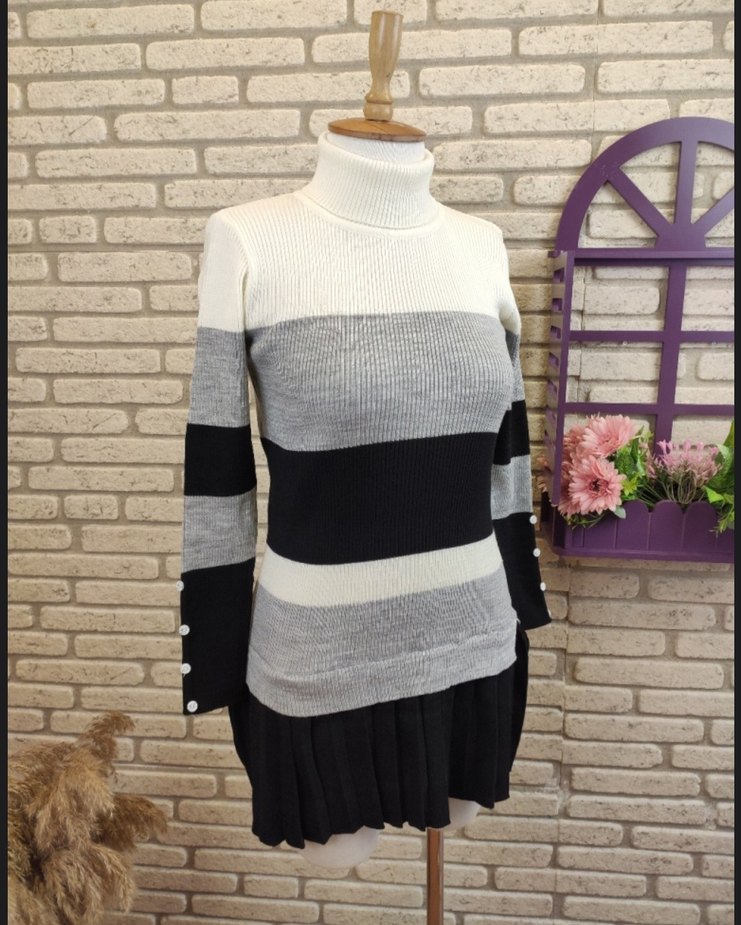 Balıkçı yaka etek ucu pileli triko elbise - Görsel 3