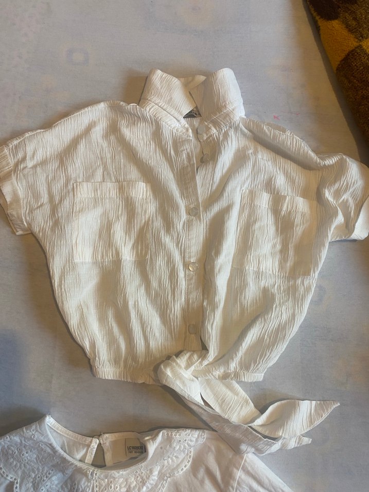 Beyaz Kız Çocuk Keten Kısa Kollu Gömlek - Görsel 3