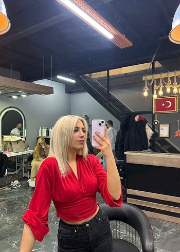 Kırmızı V Yaka Uzun Kollu Kadın Bluz - Görsel 2