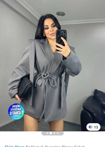Kadın Gri Kemerli Mini Blazer Ceket