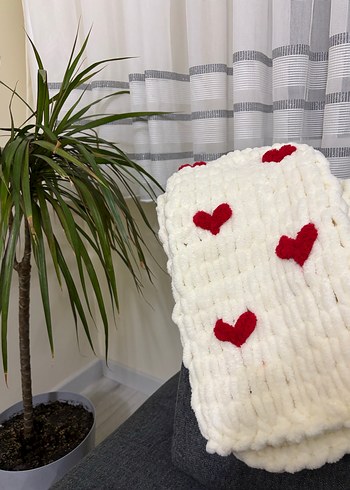 Kırmızı Kalp Desenli Kadın Örgü Şal - Görsel 4