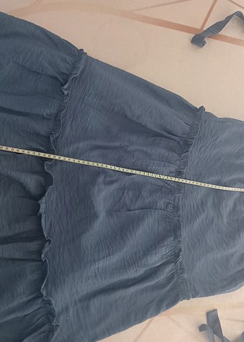 Kadın koyu indigo mavi laciverte yakın Keten Midi Elbise - Görsel 4