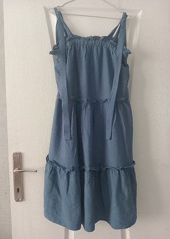 Kadın koyu indigo mavi laciverte yakın Keten Midi Elbise - Görsel 2