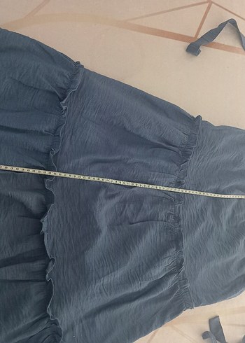 Kadın koyu indigo mavi laciverte yakın Keten Midi Elbise - Görsel 8