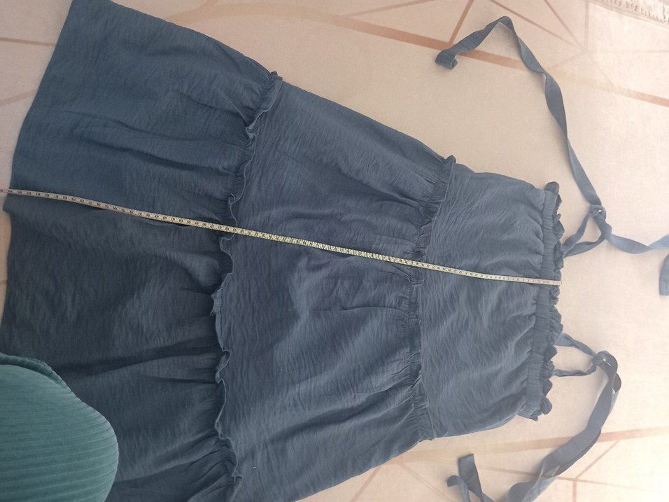 Kadın koyu indigo mavi laciverte yakın Keten Midi Elbise - Görsel 4