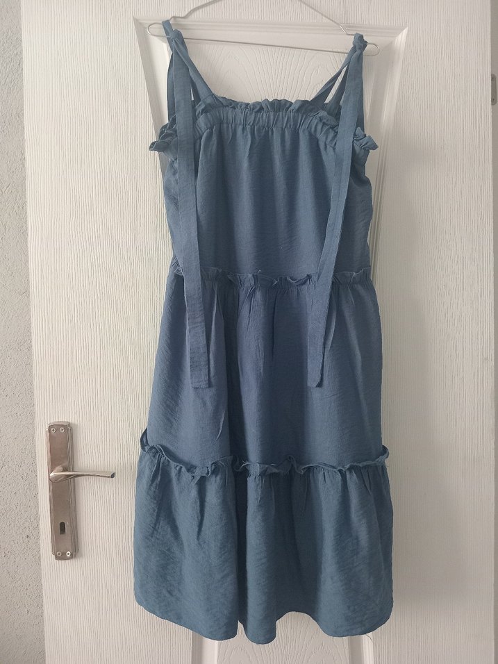 Kadın koyu indigo mavi laciverte yakın Keten Midi Elbise - Görsel 2