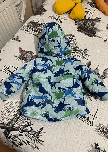 Kapüşonlu Renkli Dinozor Baskılı Erkek Çocuk Mont - Görsel 4