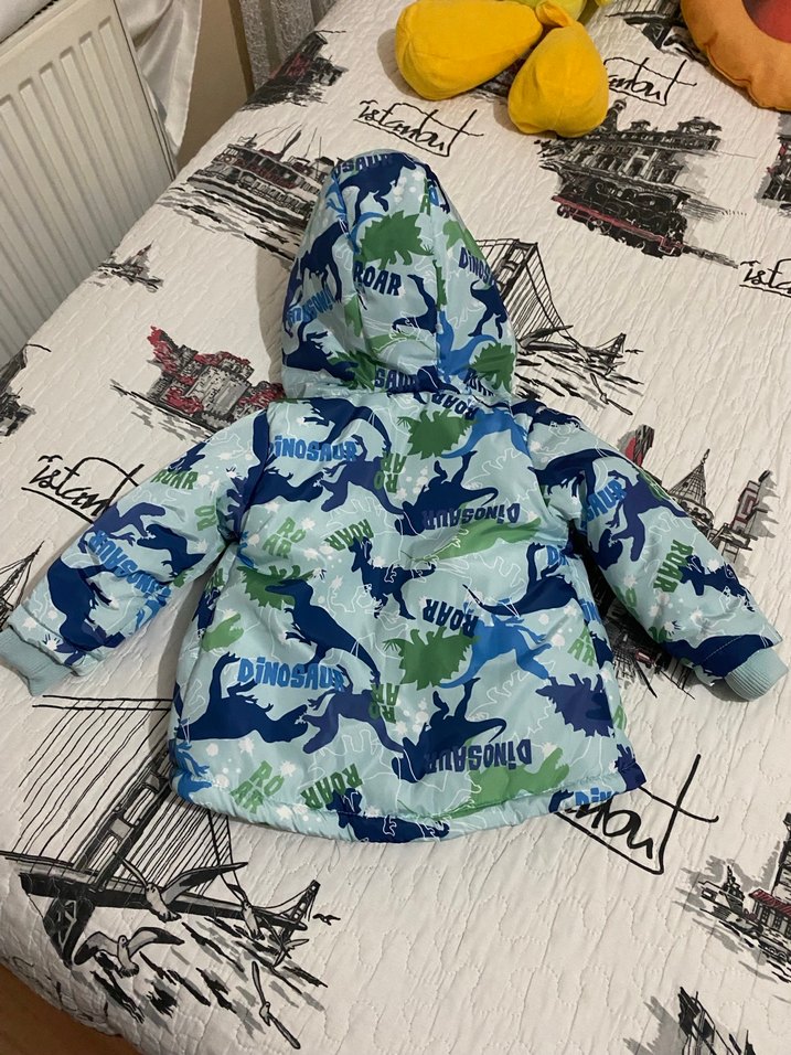 Kapüşonlu Renkli Dinozor Baskılı Erkek Çocuk Mont - Görsel 4