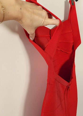 Kırmızı Sırtı Açık Bandaj Elbise XS - Görsel 5