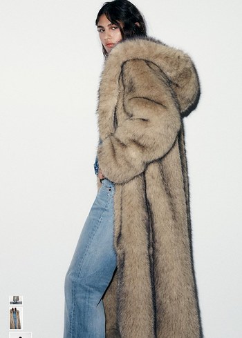 Kahverengi Uzun Suni Kürk Detaylı Denim Kaban - Görsel 3