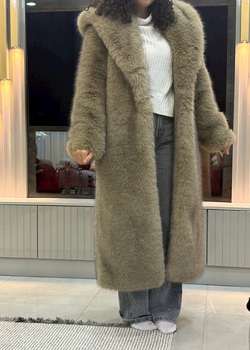 Kahverengi Uzun Suni Kürk Detaylı Denim Kaban - Görsel 9