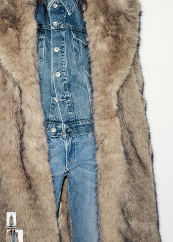 Kahverengi Uzun Suni Kürk Detaylı Denim Kaban - Görsel 2