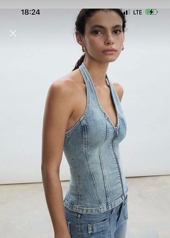 Mango halter yaka denim üst - Görsel 3
