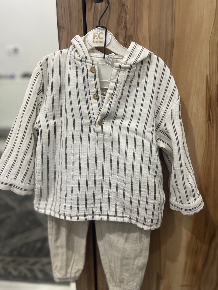 Erkek Bebek Bohem Çizgili Keten Takım - Görsel 3