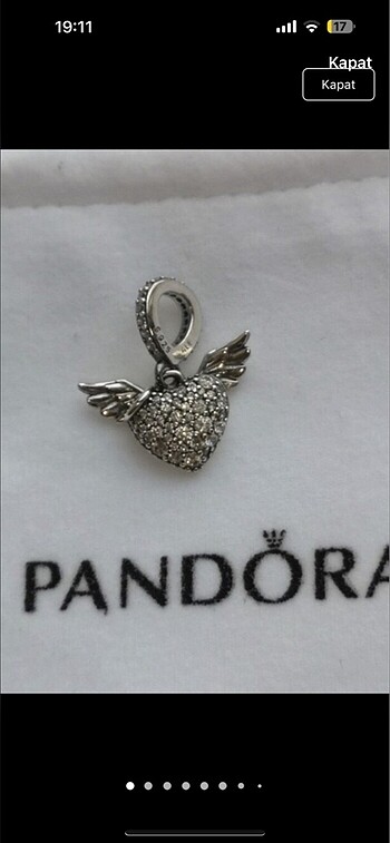 Pandora ışıltılı çift hale kalp charm ve melek kanatlı kalp char