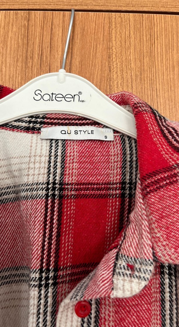 Uzun Kollu Kırmızı Gri Kareli Pamuklu Gömlek - Görsel 4