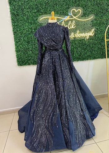 Lacivert Uzun Kollu Drapeli Kadın Abiye - Görsel 2