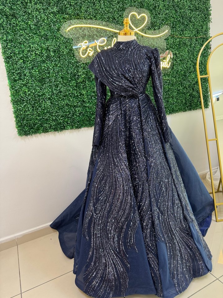 Lacivert Uzun Kollu Drapeli Kadın Abiye - Görsel 4