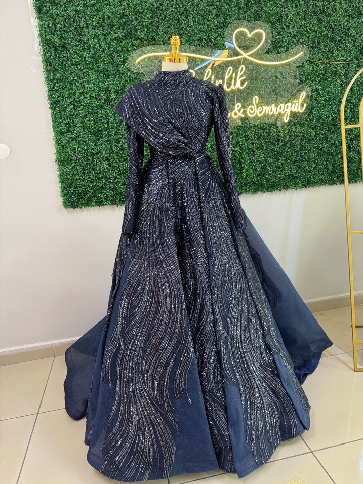 Lacivert Uzun Kollu Drapeli Kadın Abiye - Görsel 2