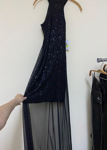 Boncuk İşlemeli Siyah Midi Abiye Elbise ML beden mevcut - Görsel 3