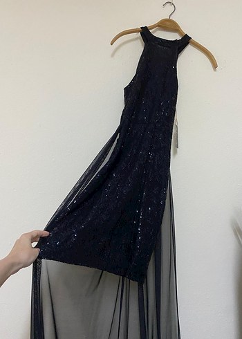 Boncuk İşlemeli Siyah Midi Abiye Elbise ML beden mevcut - Görsel 4