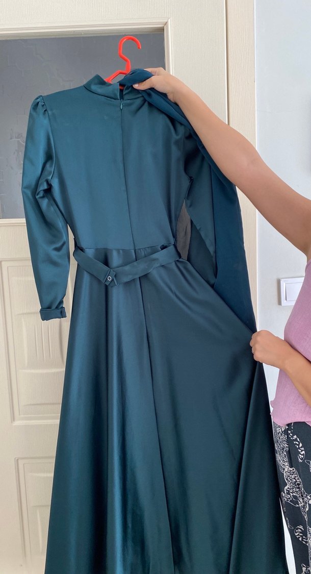 Uzun Kollu Turkuaz Drapeli Abiye Elbise - Görsel 4