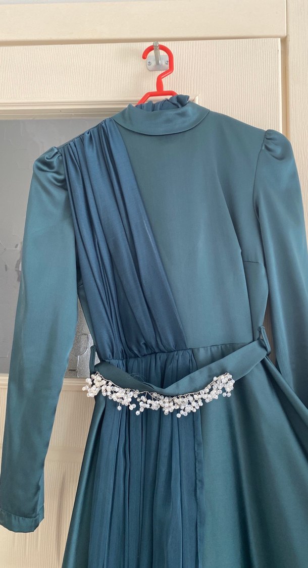 Uzun Kollu Turkuaz Drapeli Abiye Elbise - Görsel 2