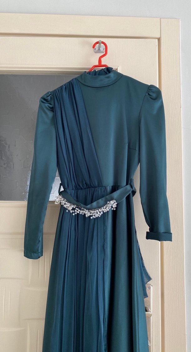 Uzun Kollu Turkuaz Drapeli Abiye Elbise - Görsel 3