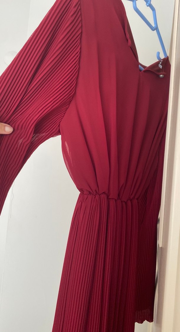 Bordo Piliseli Uzun Kollu Uzun Elbise - Görsel 3