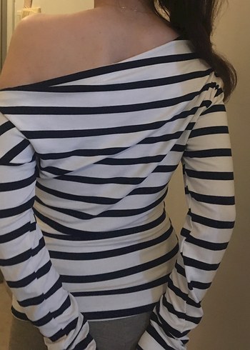 Çizgili Uzun Kollu Kayık Yaka  Penye Bluz - Görsel 2