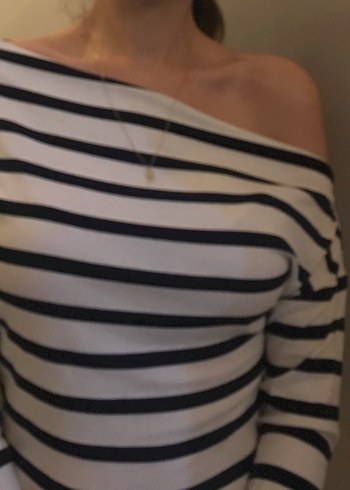 Çizgili Uzun Kollu Kayık Yaka  Penye Bluz - Görsel 6