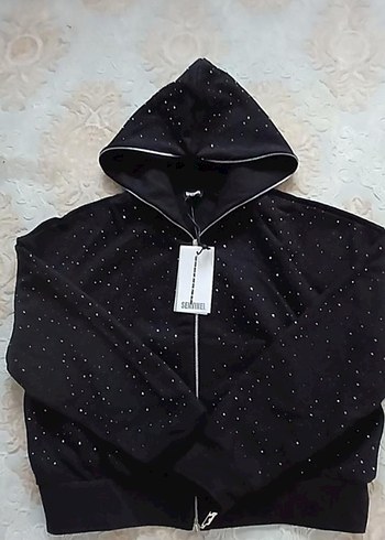 SATILDI....unisex hoodie Siyah Mini Payetli Kapüşonlu Ceket - Görsel 6