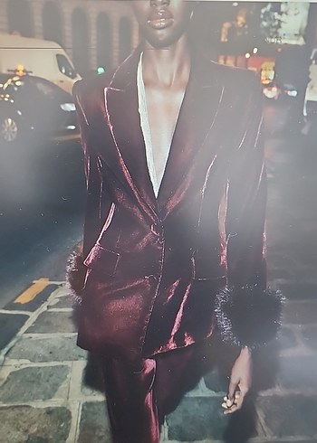 Bordo Uzun Kadın Blazer Kürk Detaylı - Görsel 2