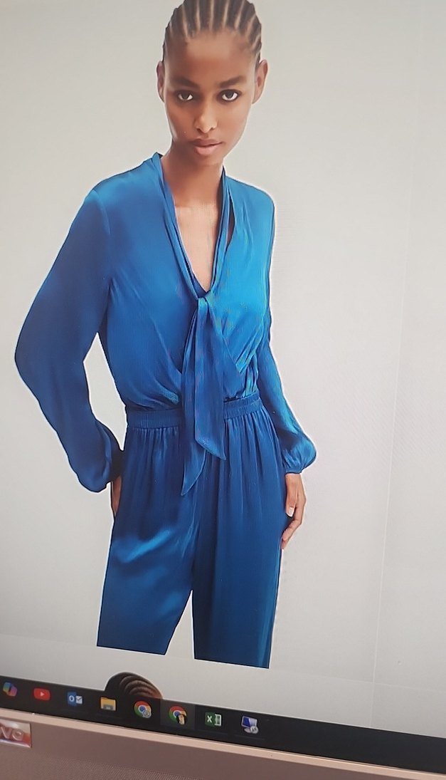 Mavi Bağlamalı V Yaka Kadın Tulum - Görsel 2