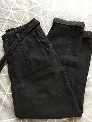 Mom Jean Kemerli Siyah Kot Pantolon