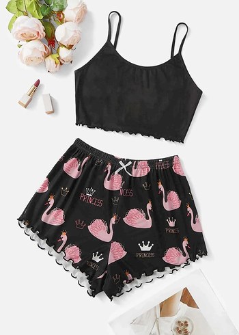 diğer Beden beyaz Renk Beyaz Askılı Üst ve Siyah Bulut Desenli Mini Şort Pijama Takımı