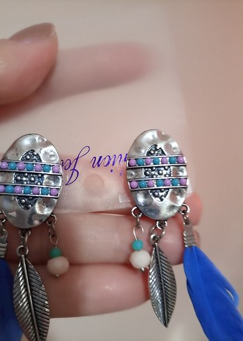 Renkli Boncuklu Mavi Tüy Küpe - Görsel 5