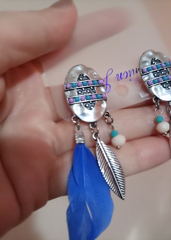 Renkli Boncuklu Mavi Tüy Küpe - Görsel 4