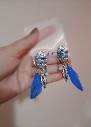 Renkli Boncuklu Mavi Tüy Küpe - Görsel 2