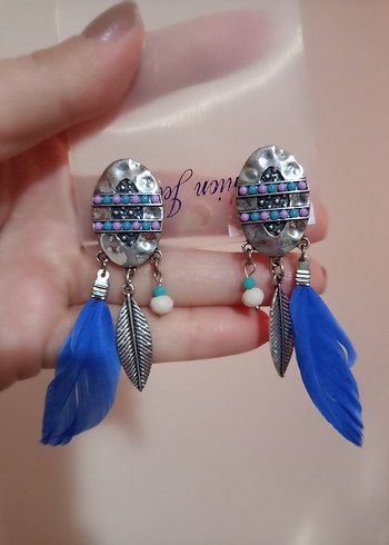 Renkli Boncuklu Mavi Tüy Küpe - Görsel 3