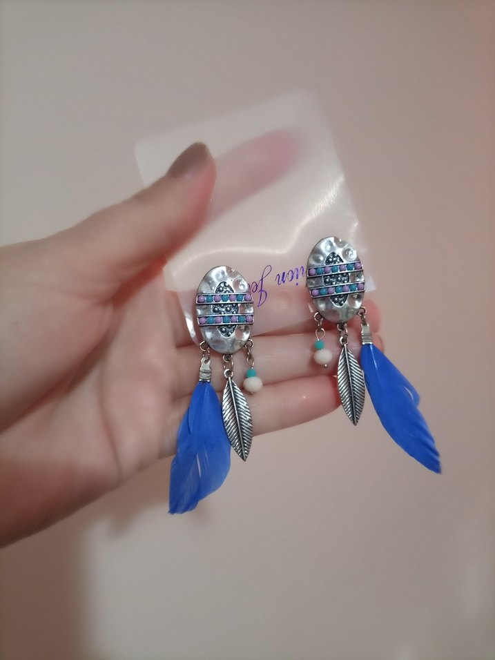 Renkli Boncuklu Mavi Tüy Küpe - Görsel 2