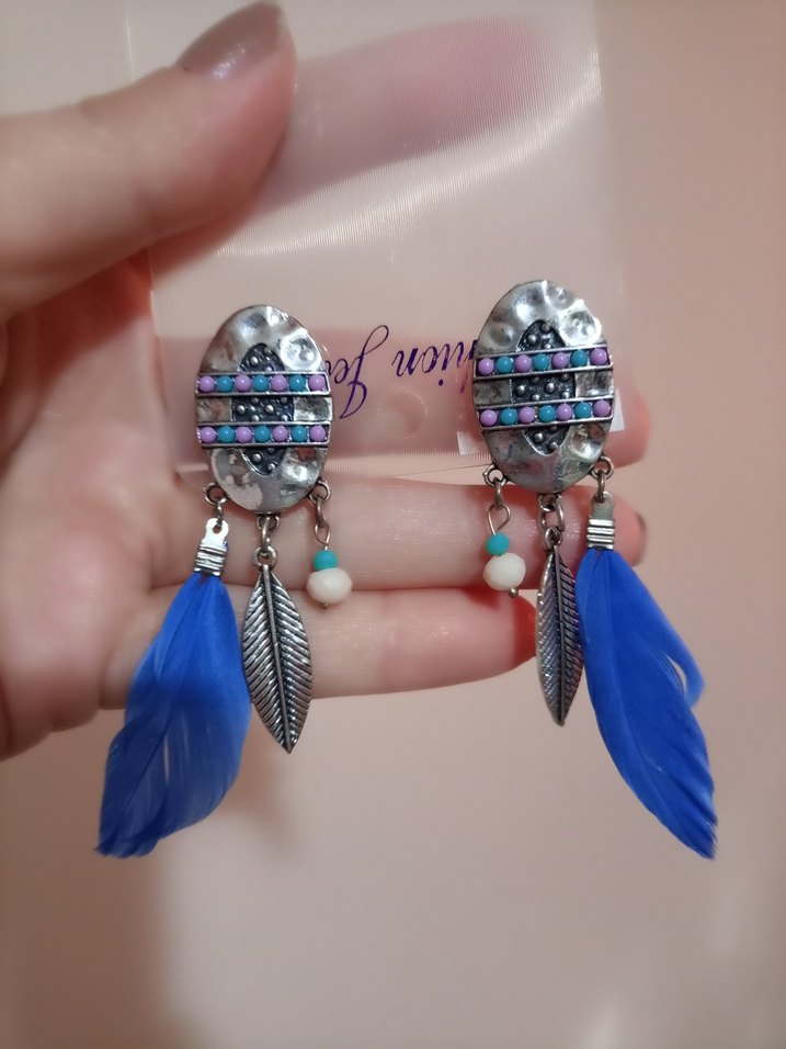 Renkli Boncuklu Mavi Tüy Küpe - Görsel 3