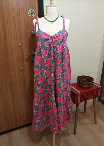 Pembe Bağcıklı Uzun Bohem Elbise