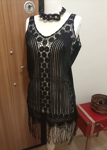 m Beden siyah Renk Siyah Nakışlı Dantel Detaylı Midi Örgü Elbise