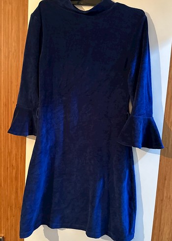 Uzun Kollu Koyu Mavi Süet Midi Elbise - Görsel 2