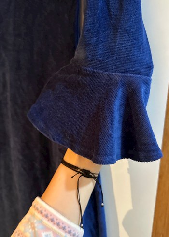 Uzun Kollu Koyu Mavi Süet Midi Elbise - Görsel 3