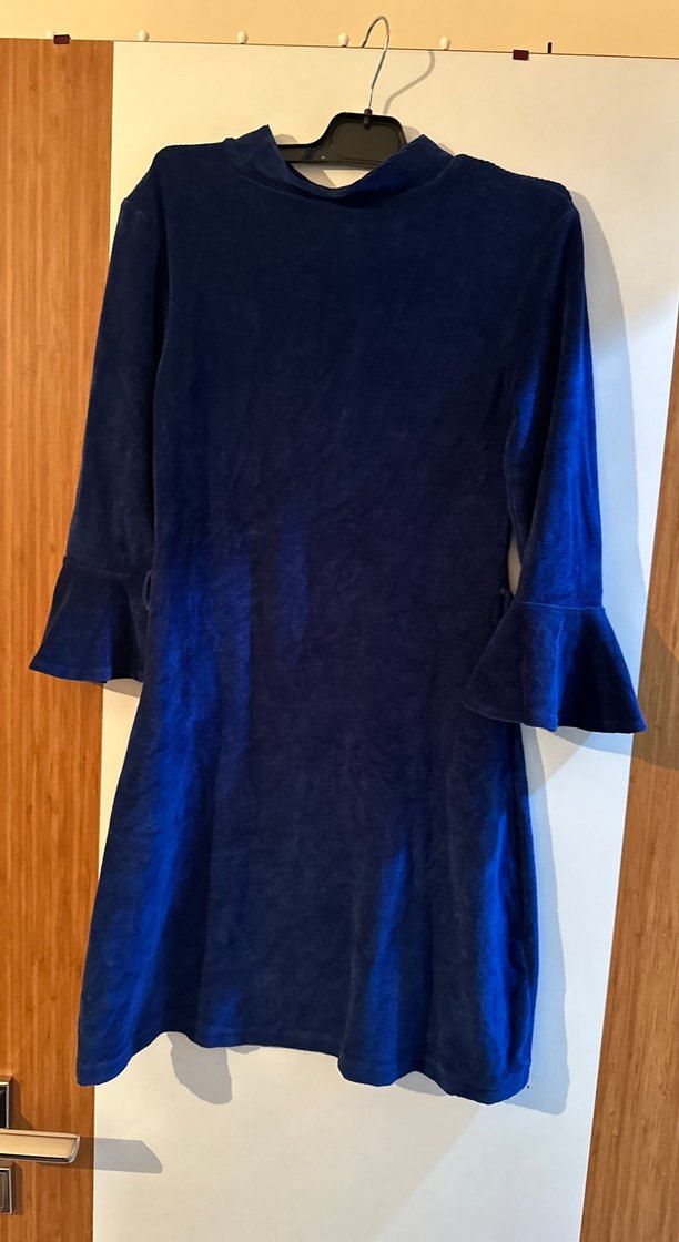 Uzun Kollu Koyu Mavi Süet Midi Elbise - Görsel 2