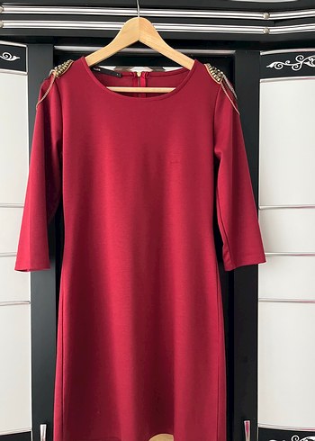 l Beden Bordo Düğmeli Modern Klasik Midi Elbise